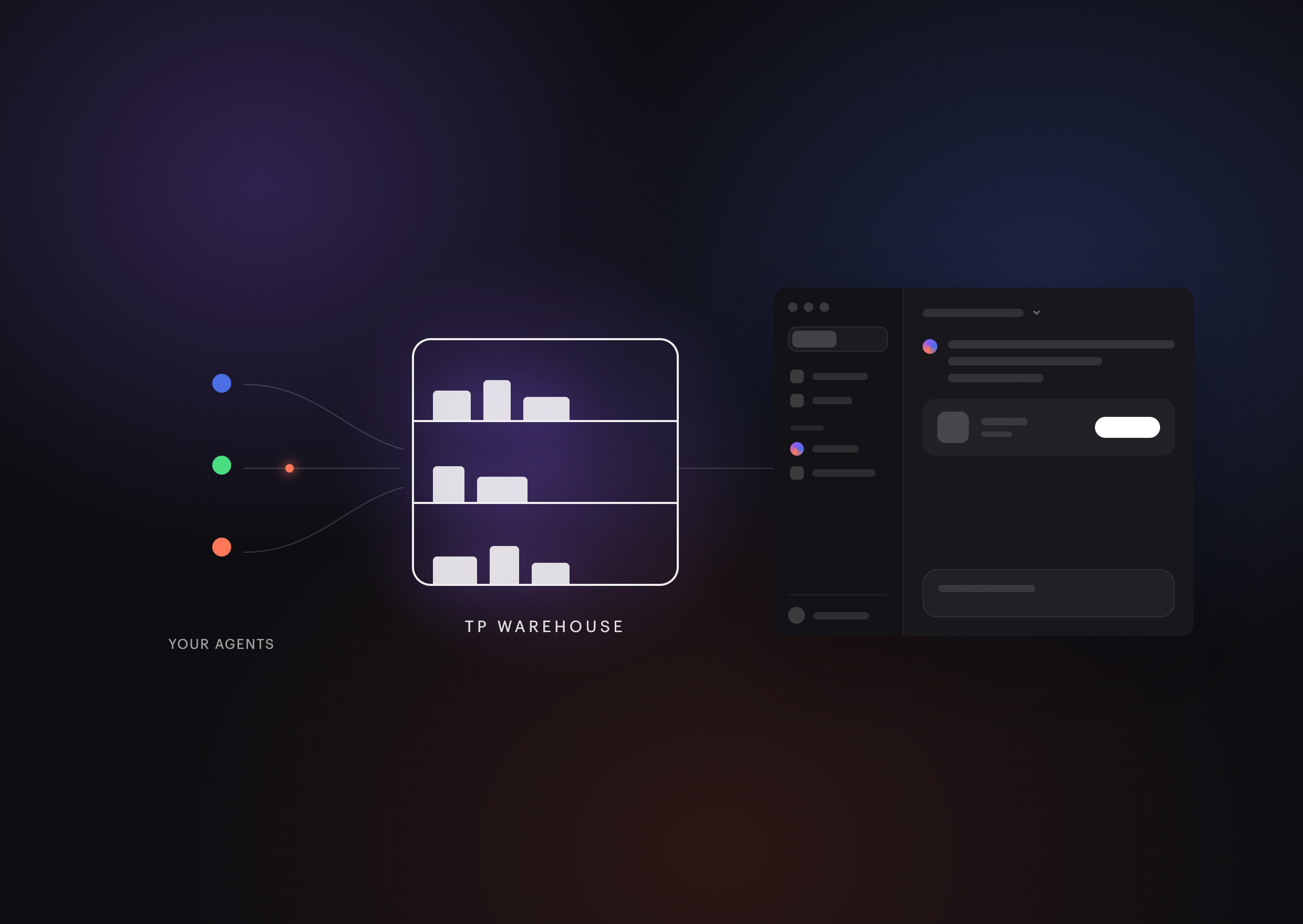 Agents drive the warehouse; the web app window sits beside it